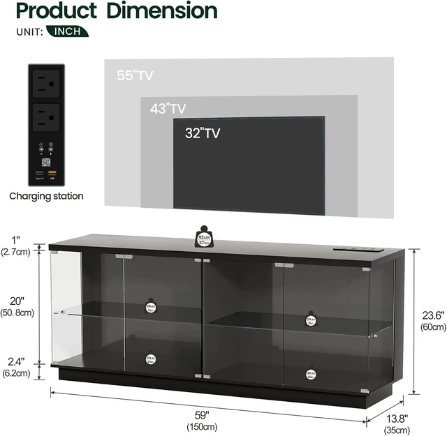 Alt view image 2 of 7 - 59" W RGB Display Cabinet with Glass Doors & Charging Station, 4-Tier Glass Display Case with Motion Sensor Lights, Curio Cabinet with Removable Shelves for Collectibles,Living Room