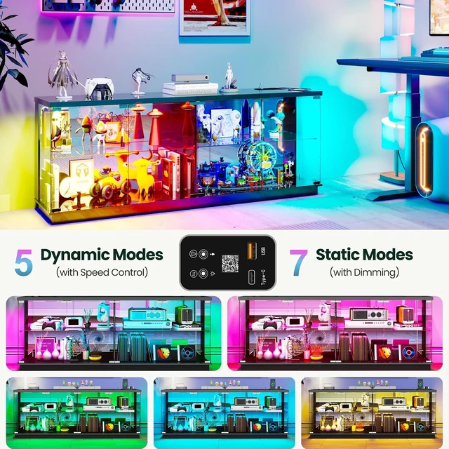 Alt view image 4 of 7 - 59" W RGB Display Cabinet with Glass Doors & Charging Station, 4-Tier Glass Display Case with Motion Sensor Lights, Curio Cabinet with Removable Shelves for Collectibles,Living Room