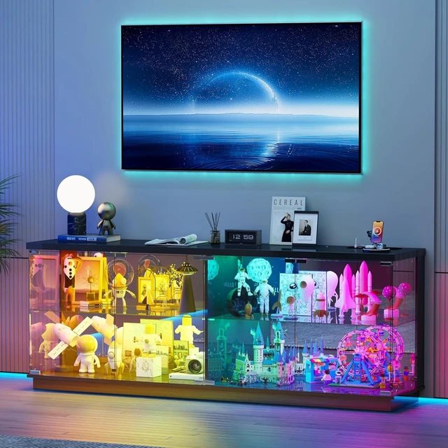 Main image of 59" W RGB Display Cabinet with Glass Doors & Charging Station, 4-Tier Glass Display Case with Motion Sensor Lights, Curio Cabinet with Removable Shelves for Collectibles,Living Room