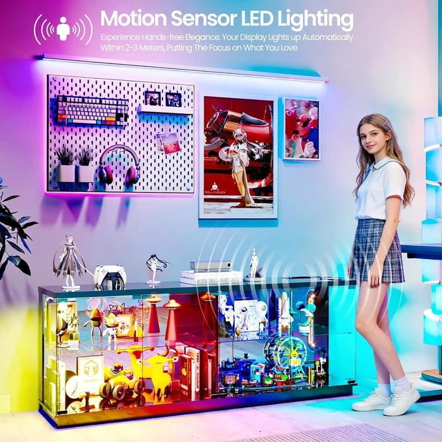 Alt view image 3 of 7 - 59" W RGB Display Cabinet with Glass Doors & Charging Station, 4-Tier Glass Display Case with Motion Sensor Lights, Curio Cabinet with Removable Shelves for Collectibles,Living Room