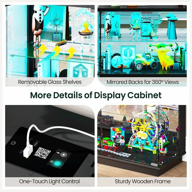 Alt view image 7 of 7 - 59" W RGB Display Cabinet with Glass Doors & Charging Station, 4-Tier Glass Display Case with Motion Sensor Lights, Curio Cabinet with Removable Shelves for Collectibles,Living Room