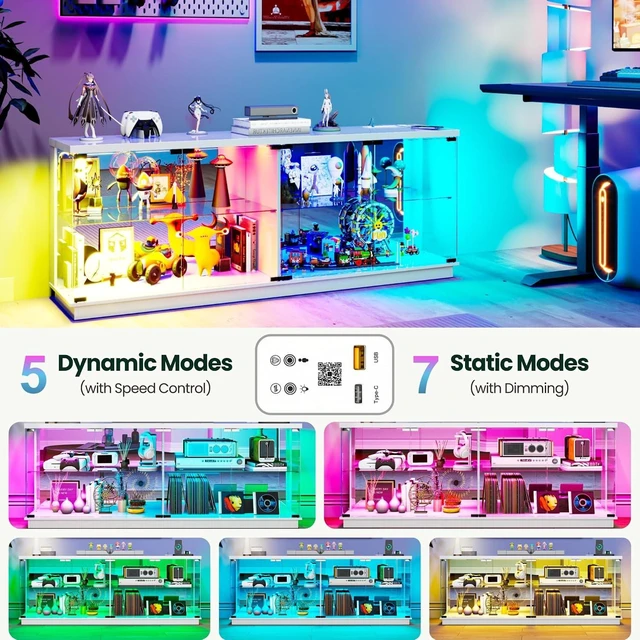 Alt view image 6 of 7 - 59" W RGB Display Cabinet with Glass Doors & Charging Station, 4-Tier Glass Display Case with Motion Sensor Lights, Curio Cabinet with Removable Shelves for Collectibles,Living Room