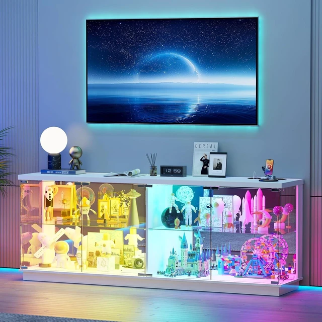 Main image of 59" W RGB Display Cabinet with Glass Doors & Charging Station, 4-Tier Glass Display Case with Motion Sensor Lights, Curio Cabinet with Removable Shelves for Collectibles,Living Room