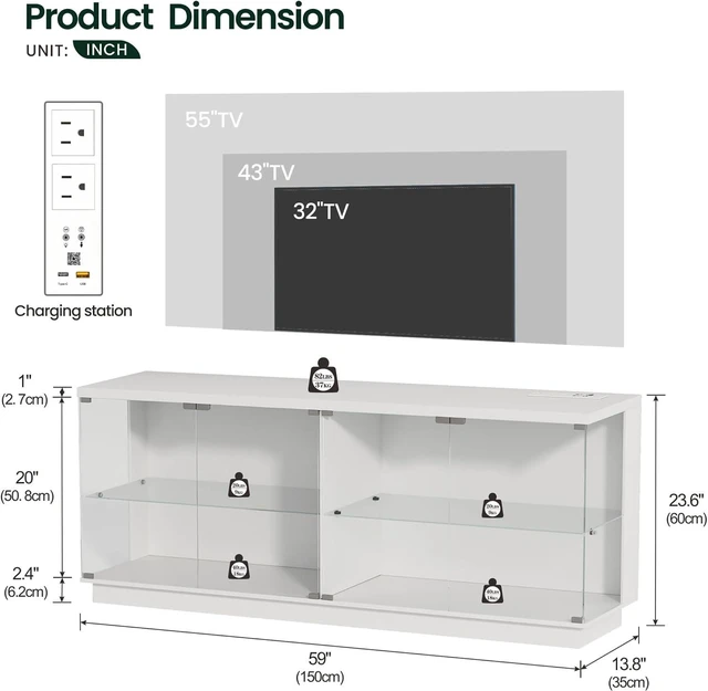 Alt view image 2 of 7 - 59" W RGB Display Cabinet with Glass Doors & Charging Station, 4-Tier Glass Display Case with Motion Sensor Lights, Curio Cabinet with Removable Shelves for Collectibles,Living Room
