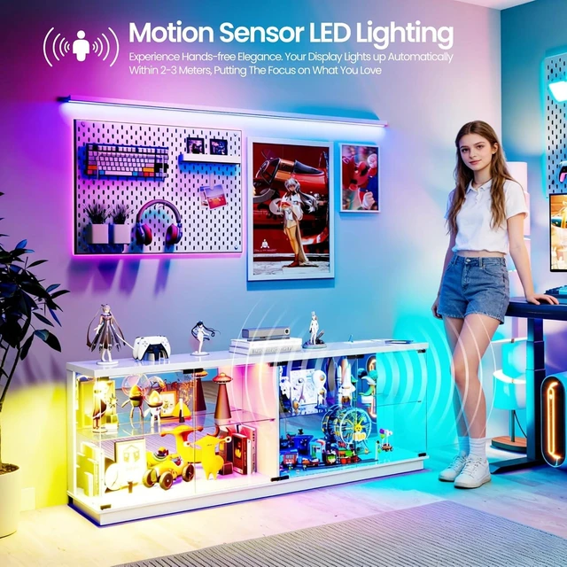 Alt view image 4 of 7 - 59" W RGB Display Cabinet with Glass Doors & Charging Station, 4-Tier Glass Display Case with Motion Sensor Lights, Curio Cabinet with Removable Shelves for Collectibles,Living Room
