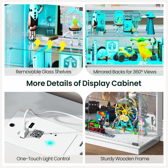 Alt view image 5 of 7 - 59" W RGB Display Cabinet with Glass Doors & Charging Station, 4-Tier Glass Display Case with Motion Sensor Lights, Curio Cabinet with Removable Shelves for Collectibles,Living Room