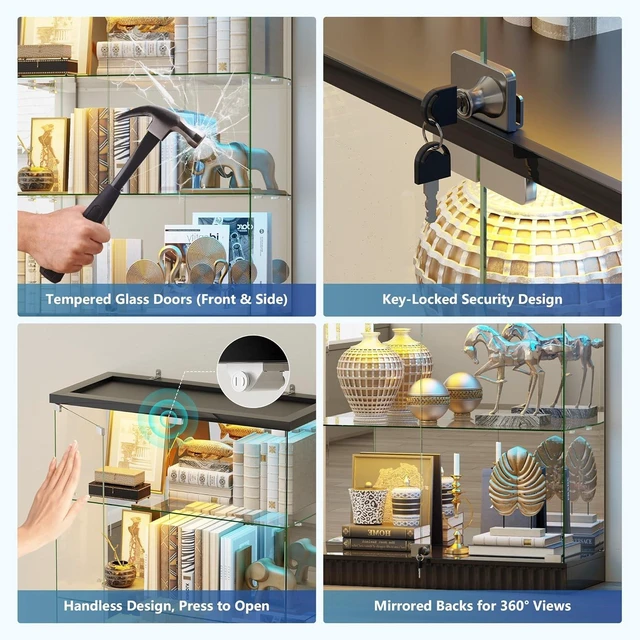 Alt view image 4 of 7 - Full Deep Glass Display Cabinet with RGB Lights and Lock, Human Body Induction, 5 Dynamic & 7 Static Lights, Frameless Shatter-Proof Glass, 5-Layers Shelves, Adjustable Brightness