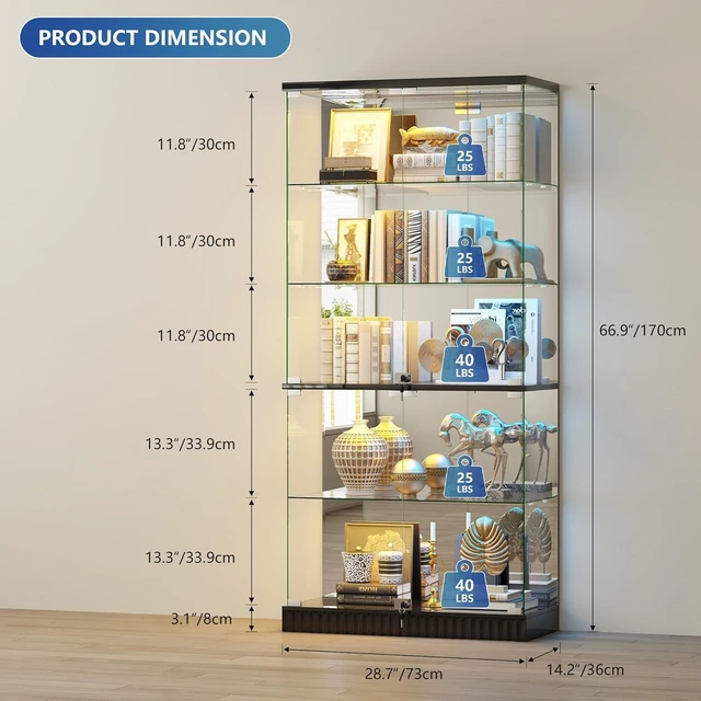 Alt view image 2 of 7 - Full Deep Glass Display Cabinet with RGB Lights and Lock, Human Body Induction, 5 Dynamic & 7 Static Lights, Frameless Shatter-Proof Glass, 5-Layers Shelves, Adjustable Brightness
