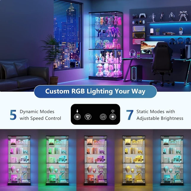 Alt view image 6 of 7 - Full Deep Glass Display Cabinet with RGB Lights and Lock, Human Body Induction, 5 Dynamic & 7 Static Lights, Frameless Shatter-Proof Glass, 5-Layers Shelves, Adjustable Brightness