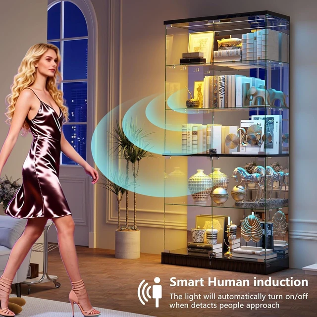 Alt view image 7 of 7 - Full Deep Glass Display Cabinet with RGB Lights and Lock, Human Body Induction, 5 Dynamic & 7 Static Lights, Frameless Shatter-Proof Glass, 5-Layers Shelves, Adjustable Brightness