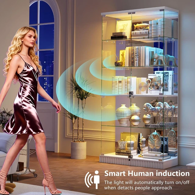 Alt view image 5 of 7 - Full Deep Glass Display Cabinet with RGB Lights and Lock, Human Body Induction, 5 Dynamic & 7 Static Lights, Frameless Shatter-Proof Glass, 5-Layers Shelves, Adjustable Brightness White