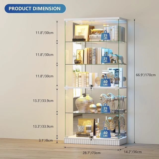Alt view image 2 of 7 - Full Deep Glass Display Cabinet with RGB Lights and Lock, Human Body Induction, 5 Dynamic & 7 Static Lights, Frameless Shatter-Proof Glass, 5-Layers Shelves, Adjustable Brightness White