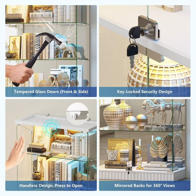 Alt view image 4 of 7 - Full Deep Glass Display Cabinet with RGB Lights and Lock, Human Body Induction, 5 Dynamic & 7 Static Lights, Frameless Shatter-Proof Glass, 5-Layers Shelves, Adjustable Brightness White