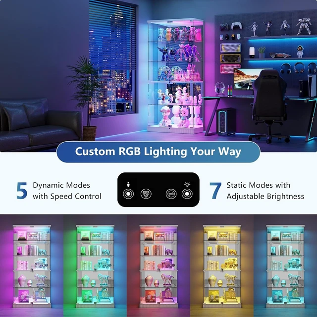 Alt view image 6 of 7 - Full Deep Glass Display Cabinet with RGB Lights and Lock, Human Body Induction, 5 Dynamic & 7 Static Lights, Frameless Shatter-Proof Glass, 5-Layers Shelves, Adjustable Brightness White