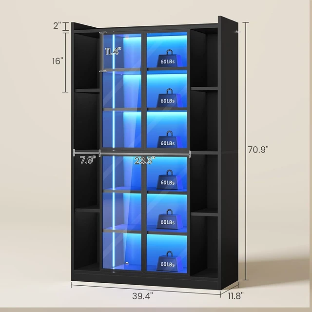 Alt view image 6 of 7 - 71" Tall 6-Tier Display Cabinet with Doors and Adjustable Shelves, Display Cases for Collectibles,Curio Cabinet with LED Lights & Acrylic Glass Doors for Bedroom Living Room Office,Black
