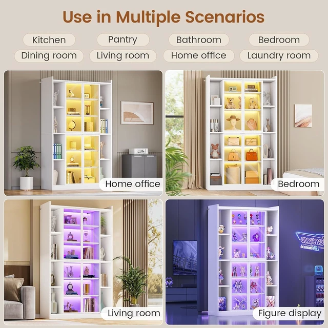 Alt view image 4 of 6 - 71" Tall 6-Tier Display Cabinet with Doors and Adjustable Shelves, Display Cases for Collectibles,Curio Cabinet with LED Lights & Acrylic Glass Doors for Bedroom Living Room Office,White