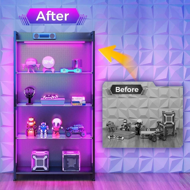 Alt view image 4 of 6 - Display Case with Glass Shelves & RGB Lights, 4-Tier Display Cabinet, LED Display Shelf with Industrial Metal Mesh & Open Shelf Design for Collectibles, Black Curio Cabinet, Book Case