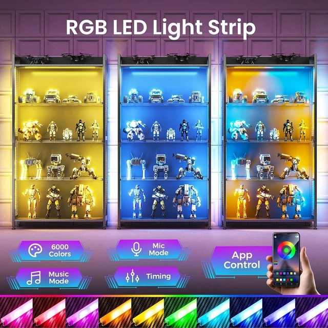 Alt view image 5 of 6 - Display Case with Glass Shelves & RGB Lights, 4-Tier Display Cabinet, LED Display Shelf with Industrial Metal Mesh & Open Shelf Design for Collectibles, Black Curio Cabinet, Book Case