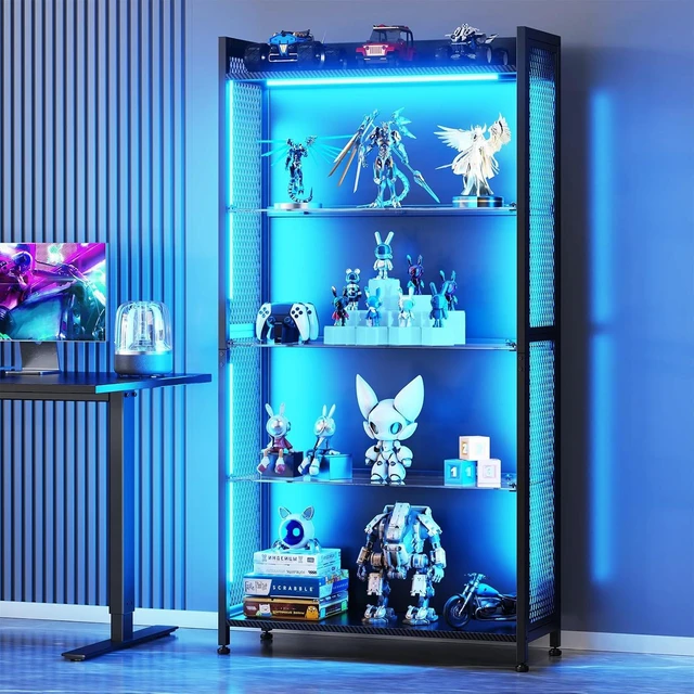Main image of Display Case with Glass Shelves & RGB Lights, 4-Tier Display Cabinet, LED Display Shelf with Industrial Metal Mesh & Open Shelf Design for Collectibles, Black Curio Cabinet, Book Case