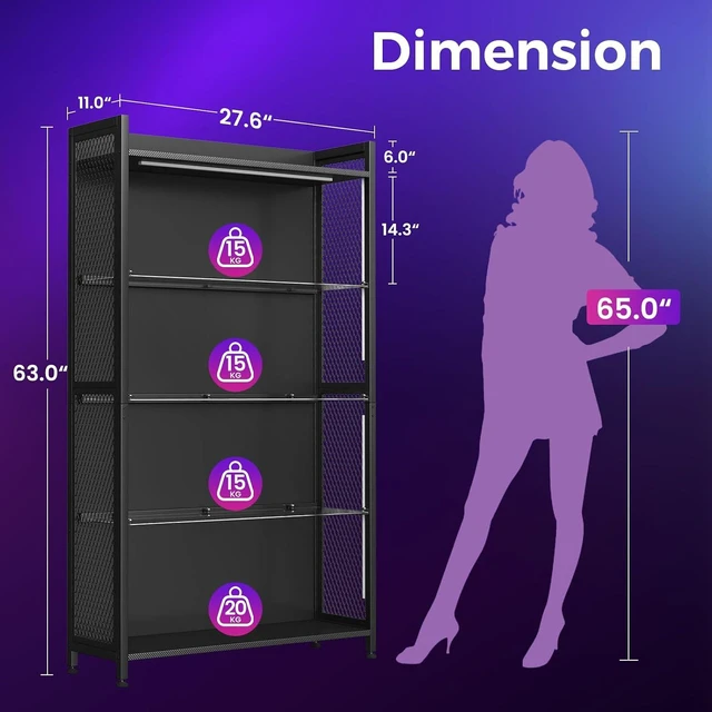 Alt view image 2 of 6 - Display Case with Glass Shelves & RGB Lights, 4-Tier Display Cabinet, LED Display Shelf with Industrial Metal Mesh & Open Shelf Design for Collectibles, Black Curio Cabinet, Book Case