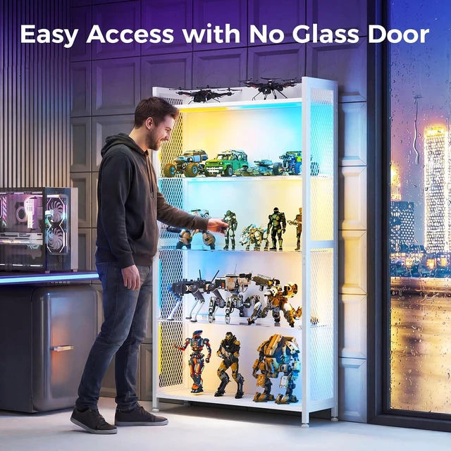 Alt view image 6 of 6 - Display Case with Glass Shelves & LED Lights, White Display Cabinet 4-Tier Display Shelf with Industrial Metal Mesh, Open Storage Shelves for Collectibles, Curio Cabinet, Book Case