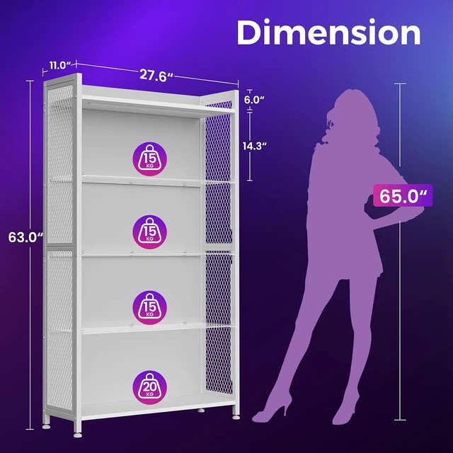 Alt view image 2 of 6 - Display Case with Glass Shelves & LED Lights, White Display Cabinet 4-Tier Display Shelf with Industrial Metal Mesh, Open Storage Shelves for Collectibles, Curio Cabinet, Book Case