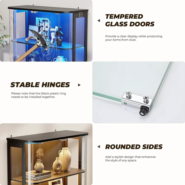 Alt view image 5 of 7 - 3-Tier Rounded Display Cabinet with Lights&Human Body Sensor, Display Case With Glass Door,Curio Cabinet with 3 Color Lights,Smooth Rounded Design Perfect for Collectibles,Lego,Trophy