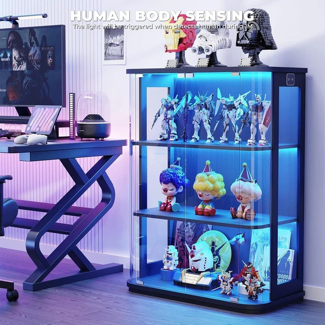 Alt view image 4 of 7 - 3-Tier Rounded Display Cabinet with Lights&Human Body Sensor, Display Case With Glass Door,Curio Cabinet with 3 Color Lights,Smooth Rounded Design Perfect for Collectibles,Lego,Trophy