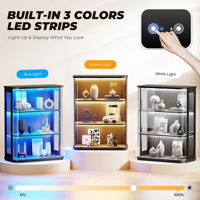 Alt view image 3 of 7 - 3-Tier Rounded Display Cabinet with Lights&Human Body Sensor, Display Case With Glass Door,Curio Cabinet with 3 Color Lights,Smooth Rounded Design Perfect for Collectibles,Lego,Trophy