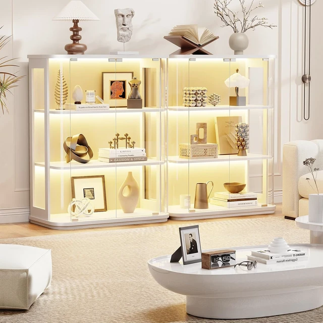 Alt view image 7 of 7 - 3-Tier Rounded Display Cabinet with Lights&Human Body Sensor, Display Case With Glass Door,Curio Cabinet with 3 Color Lights,Smooth Rounded Design Perfect for Collectibles,Lego,Trophy
