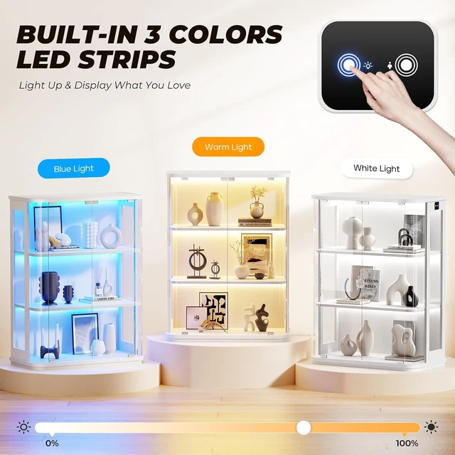 Alt view image 3 of 7 - 3-Tier Rounded Display Cabinet with Lights&Human Body Sensor, Display Case With Glass Door,Curio Cabinet with 3 Color Lights,Smooth Rounded Design Perfect for Collectibles,Lego,Trophy