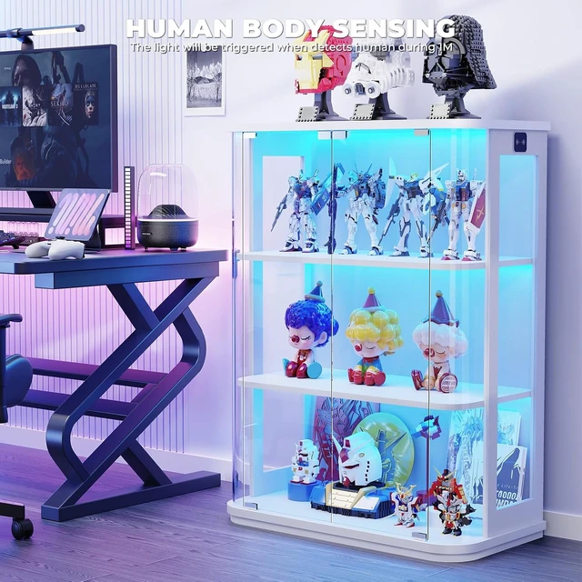 Alt view image 5 of 7 - 3-Tier Rounded Display Cabinet with Lights&Human Body Sensor, Display Case With Glass Door,Curio Cabinet with 3 Color Lights,Smooth Rounded Design Perfect for Collectibles,Lego,Trophy