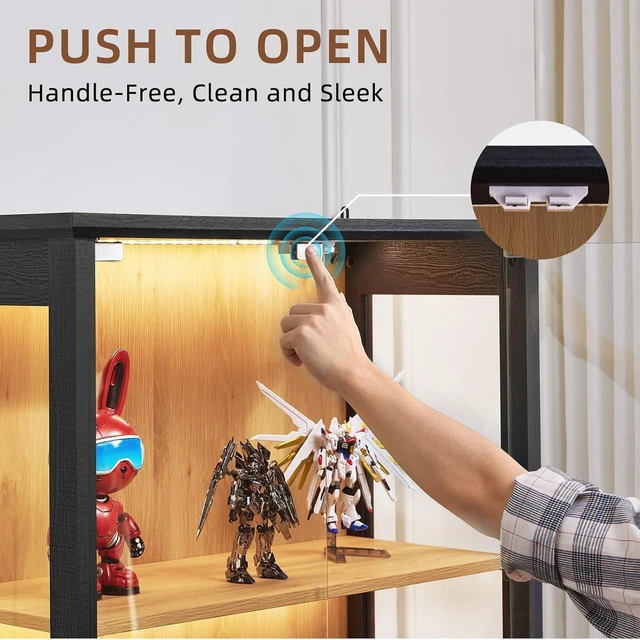 Alt view image 7 of 7 - Farmhouse Glass Display Cabinet Set of 2 with Lock,Wooden Curio Cabinets with Glass Doors, 3-Color Motion-Sensor Light & Reinforced Base, Black