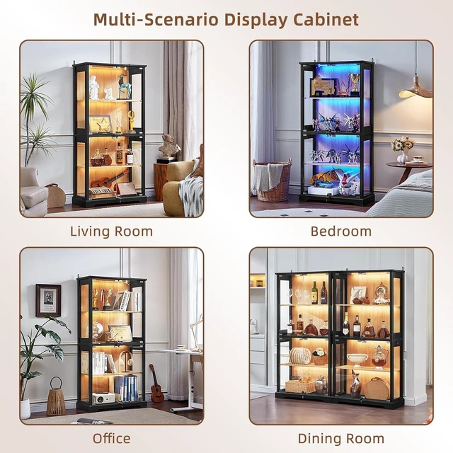 Alt view image 5 of 7 - Farmhouse Glass Display Cabinet Set of 2 with Lock,Wooden Curio Cabinets with Glass Doors, 3-Color Motion-Sensor Light & Reinforced Base, Black