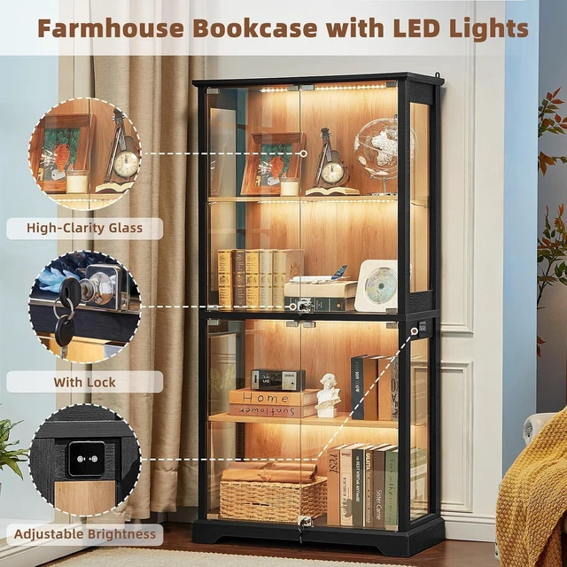 Alt view image 4 of 7 - Farmhouse Glass Display Cabinet Set of 2 with Lock,Wooden Curio Cabinets with Glass Doors, 3-Color Motion-Sensor Light & Reinforced Base, Black