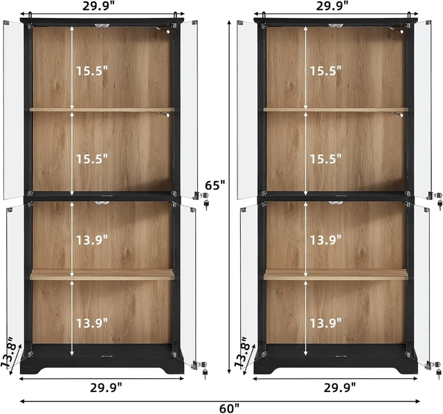 Alt view image 2 of 7 - Farmhouse Glass Display Cabinet Set of 2 with Lock,Wooden Curio Cabinets with Glass Doors, 3-Color Motion-Sensor Light & Reinforced Base, Black