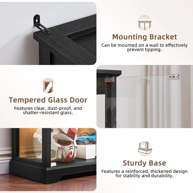 Alt view image 6 of 7 - Farmhouse Glass Display Cabinet Set of 2 with Lock,Wooden Curio Cabinets with Glass Doors, 3-Color Motion-Sensor Light & Reinforced Base, Black