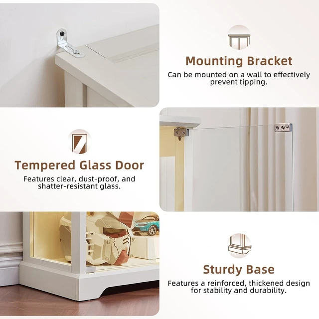 Alt view image 7 of 7 - Farmhouse Glass Display Cabinet Set of 2 with Lock,Wooden Curio Cabinets with Glass Doors, 3-Color Motion-Sensor Light & Reinforced Base, White