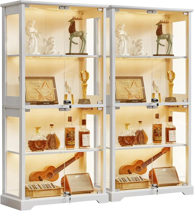 Main image of Farmhouse Glass Display Cabinet Set of 2 with Lock,Wooden Curio Cabinets with Glass Doors, 3-Color Motion-Sensor Light & Reinforced Base, White