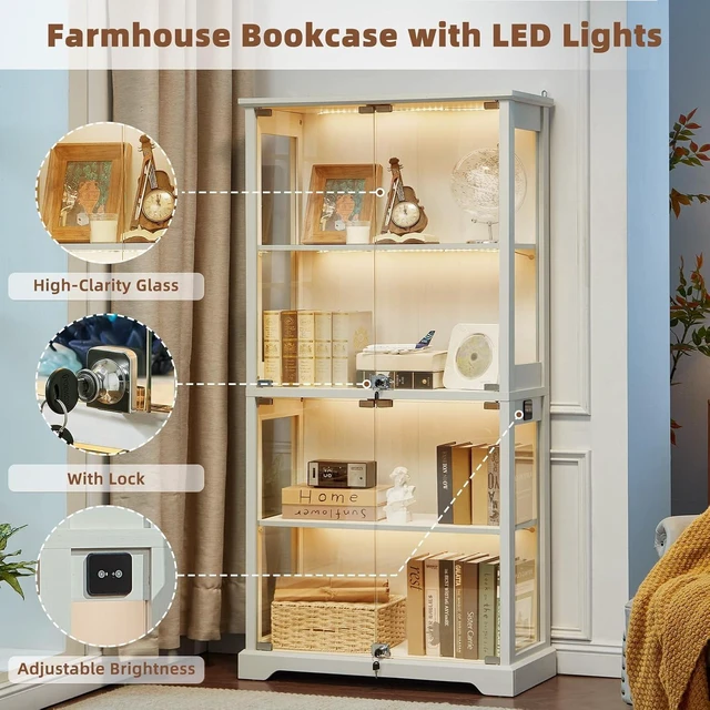 Alt view image 3 of 7 - Farmhouse Glass Display Cabinet Set of 2 with Lock,Wooden Curio Cabinets with Glass Doors, 3-Color Motion-Sensor Light & Reinforced Base, White