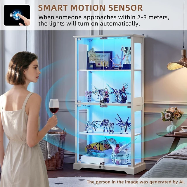 Alt view image 6 of 7 - Farmhouse Glass Display Cabinet Set of 2 with Lock,Wooden Curio Cabinets with Glass Doors, 3-Color Motion-Sensor Light & Reinforced Base, White
