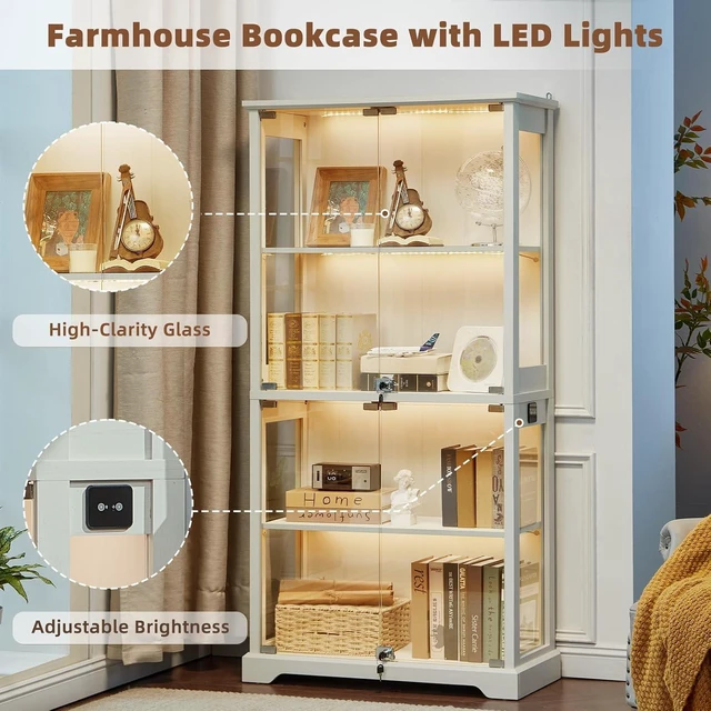 Alt view image 4 of 7 - Farmhouse Glass Display Cabinet Set of 2 with Lock,Wooden Curio Cabinets with Glass Doors, 3-Color Motion-Sensor Light & Reinforced Base, White