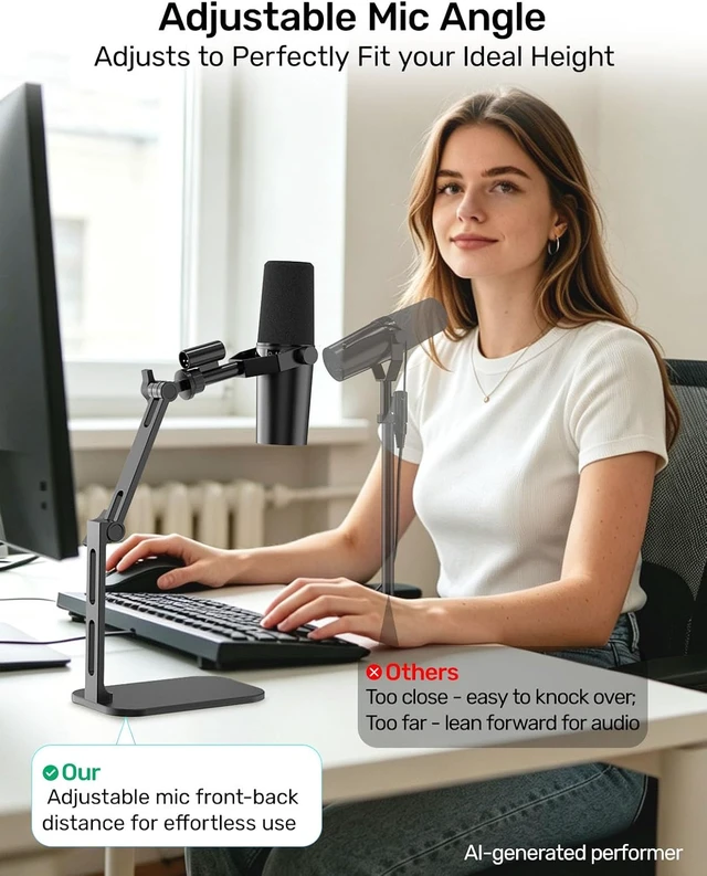 Alt view image 3 of 7 - Heavy Duty Desktop Mic Stand, Flexible Arm, Weighted Base, Max 2.68lb Load Fits Shure MV7 SM7B/Rode PodMic USB & More Studio Mics for Podcasting, Streaming, Recording, 3/8 Thread, 5/8 & 1/4 Adapters
