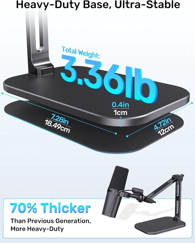 Alt view image 6 of 7 - Heavy Duty Desktop Mic Stand, Flexible Arm, Weighted Base, Max 2.68lb Load Fits Shure MV7 SM7B/Rode PodMic USB & More Studio Mics for Podcasting, Streaming, Recording, 3/8 Thread, 5/8 & 1/4 Adapters