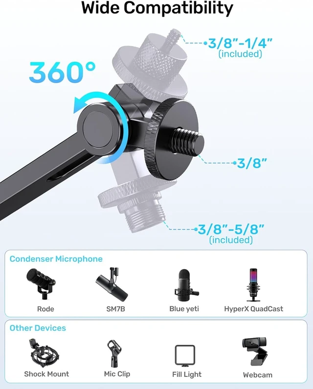 Alt view image 7 of 7 - Heavy Duty Desktop Mic Stand, Flexible Arm, Weighted Base, Max 2.68lb Load Fits Shure MV7 SM7B/Rode PodMic USB & More Studio Mics for Podcasting, Streaming, Recording, 3/8 Thread, 5/8 & 1/4 Adapters