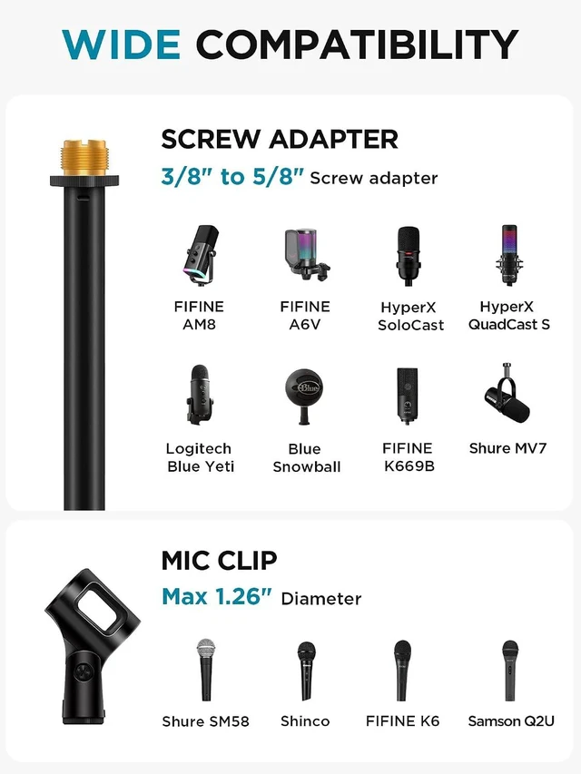 Alt view image 2 of 7 - Adjustable Desk Microphone Stand, Weighted Base with Soft Grip Twist Clutch, Boom Arm, 3/8/'' and 5/8/'' Threaded Mounts for Blue Yeti and Blue Snowball, Kick Drums, Guitar Amps, Black