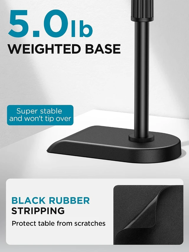 Alt view image 7 of 7 - Adjustable Desk Microphone Stand, Weighted Base with Soft Grip Twist Clutch, Boom Arm, 3/8/'' and 5/8/'' Threaded Mounts for Blue Yeti and Blue Snowball, Kick Drums, Guitar Amps, Black