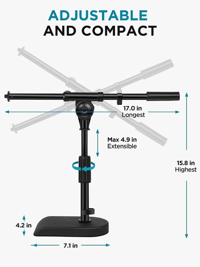 Alt view image 5 of 7 - Adjustable Desk Microphone Stand, Weighted Base with Soft Grip Twist Clutch, Boom Arm, 3/8/'' and 5/8/'' Threaded Mounts for Blue Yeti and Blue Snowball, Kick Drums, Guitar Amps, Black