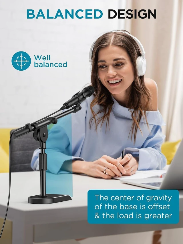 Alt view image 4 of 7 - Adjustable Desk Microphone Stand, Weighted Base with Soft Grip Twist Clutch, Boom Arm, 3/8/'' and 5/8/'' Threaded Mounts for Blue Yeti and Blue Snowball, Kick Drums, Guitar Amps, Black