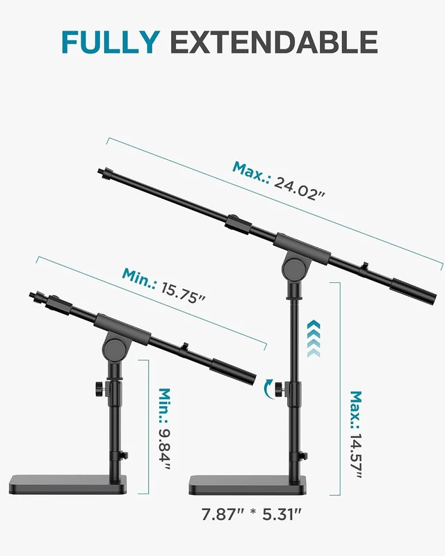 Alt view image 3 of 7 - Mic Stand Desk Boom Arm Microphone Stand for Blue Yeti Kick Drums for Shure Fifine Guitar Amps, 4.4lb Weight Capacity, Arm Swivel Sideways, Stable, Extendable, Adjustable, Cable Clip Included
